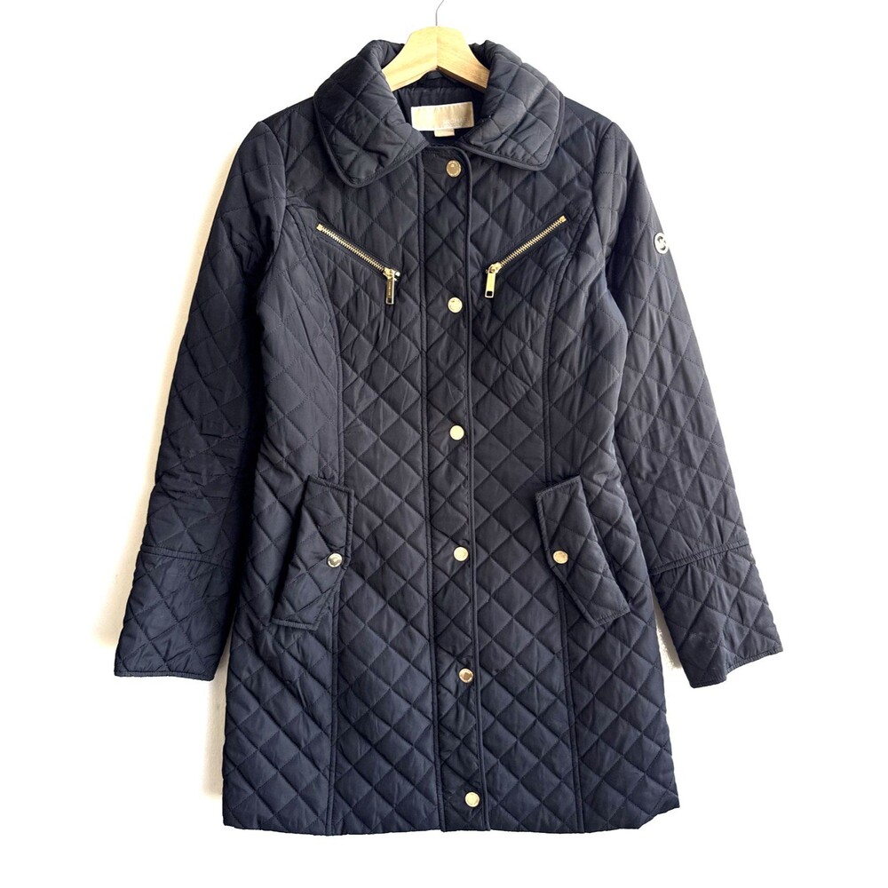 Michael Kors Black Diamond Quilted Jacket Women’s XS Mid-Length Gold Hardware